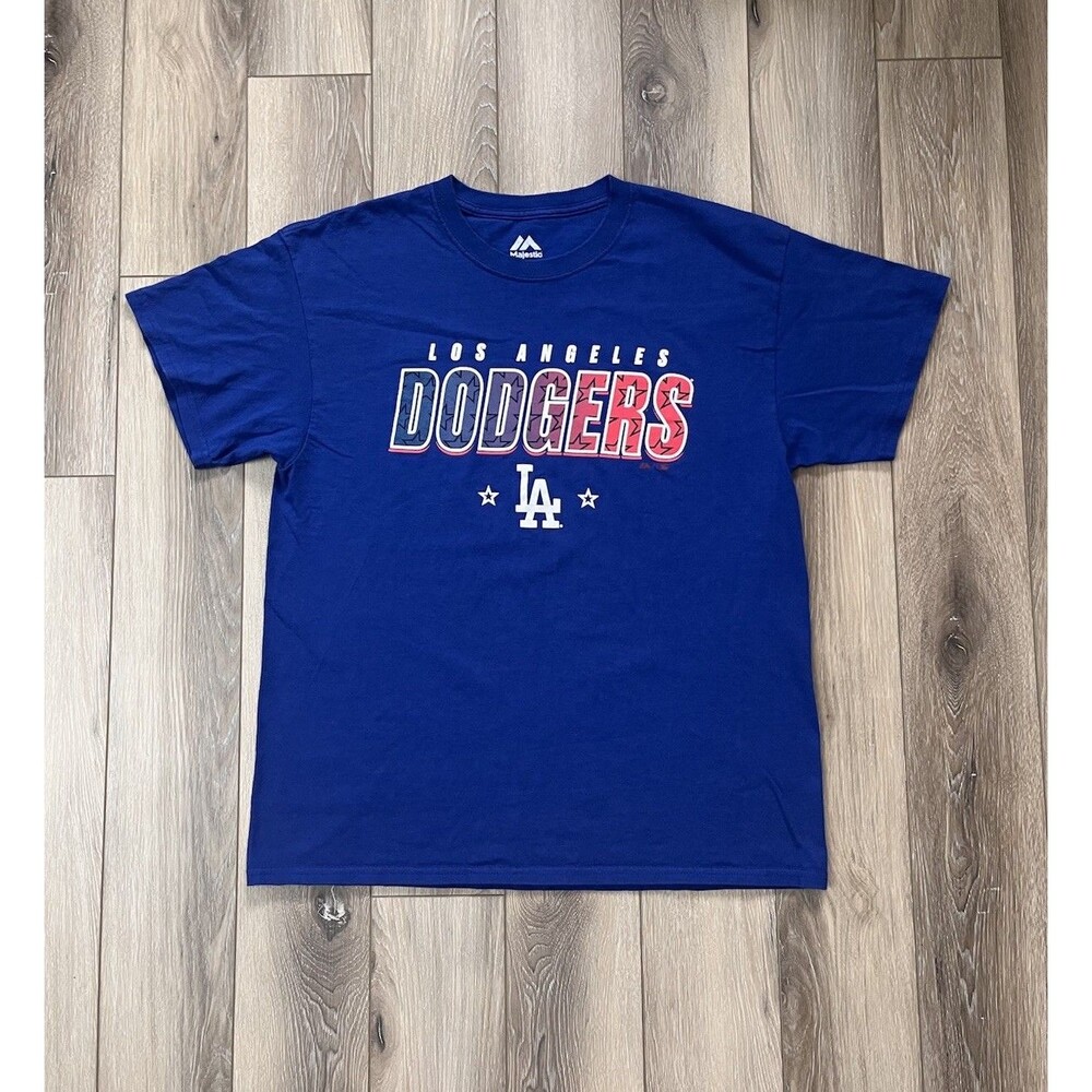 Majestic LA Dodgers Shirt Men's Sz Large Blue Baseball Graphic Short Sleeve